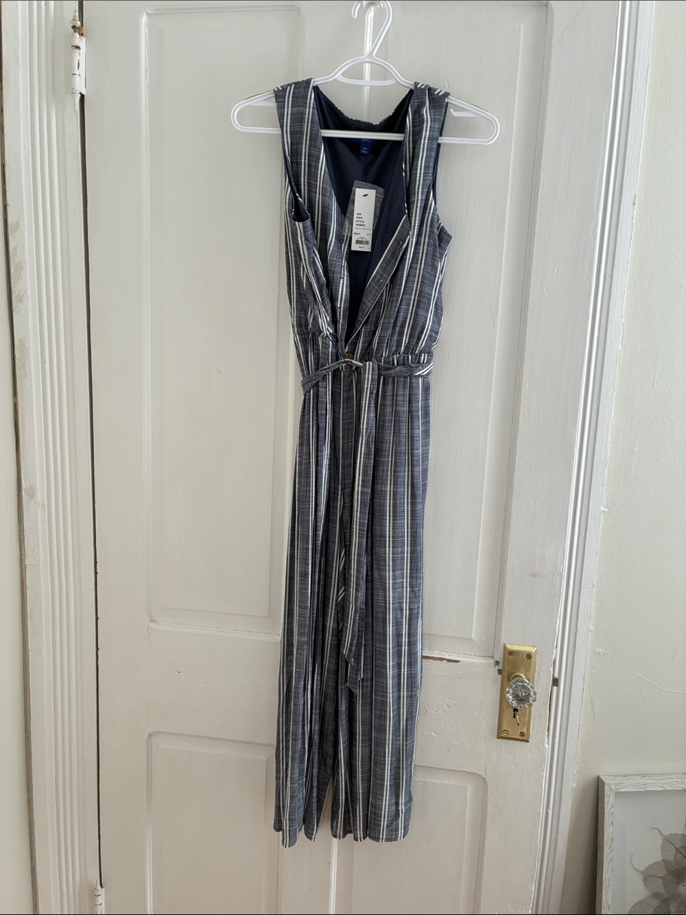Apt. 9 Navy & White Striped Sleeveless Tie-Waist Jumpsuit